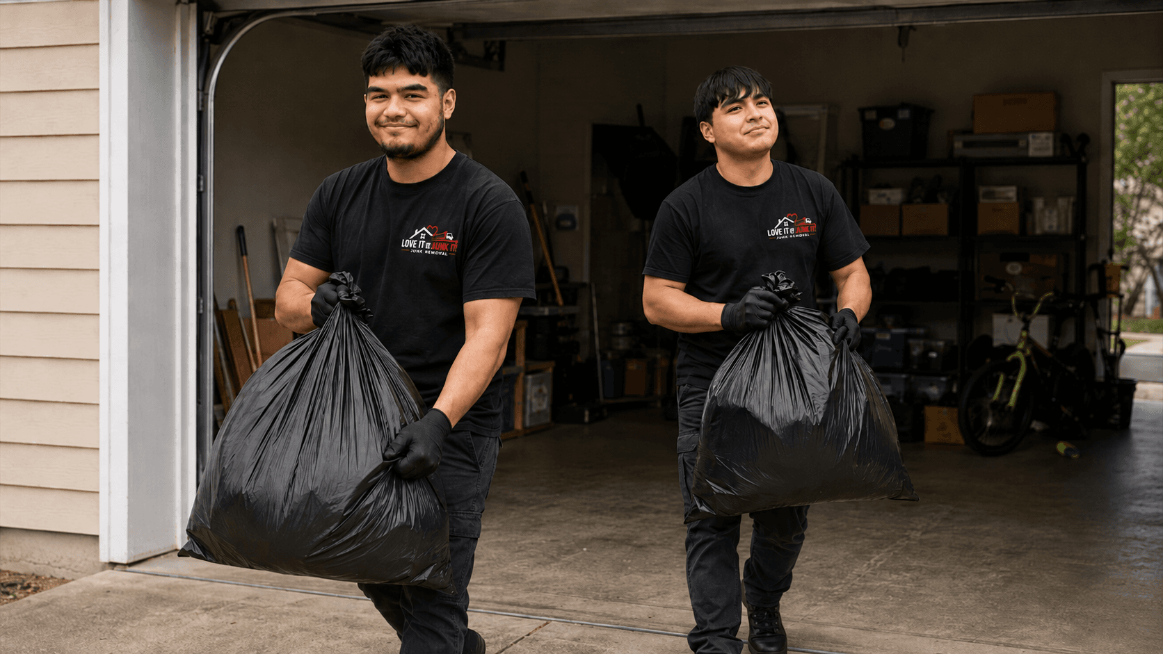 Love It or Junk It team carrying garbage bags from a garage